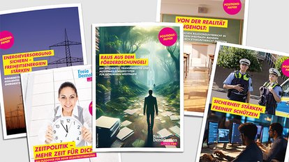 Bild von fünf Covern der Broschüre Positionspapier der FDP-Landtagsfraktion NRW