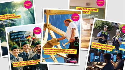 Abbildung von fünf Covern verschiedener Positionspapiere der FDP-Landtagsfraktion NRW