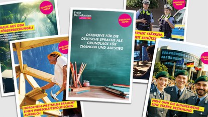 Abbildung von fünf Covern verschiedener Positionspapiere der FDP-Landtagsfraktion NRW