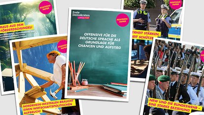 Abbildung von fünf Covern verschiedener Positionspapiere der FDP-Landtagsfraktion NRW