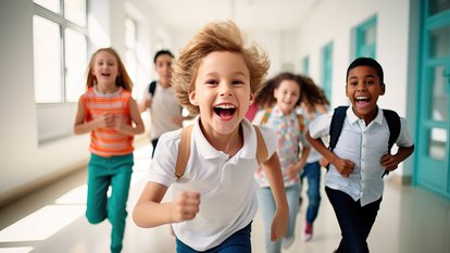 Fröhliche Grundschulkinder laufen einen Schulflur entlang