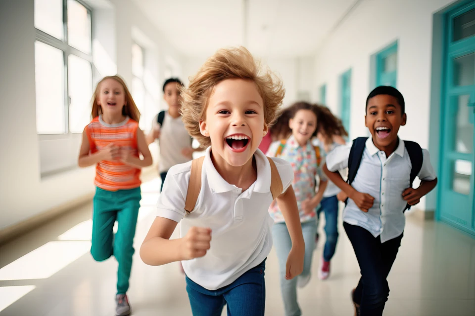 Fröhliche Grundschulkinder laufen einen Schulflur entlang
